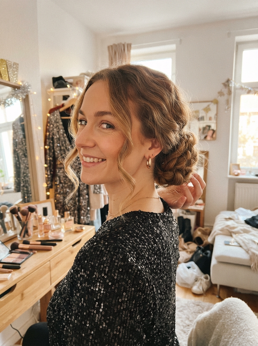 Low chignon with face-framing strands New Year’s Eve hairstyle