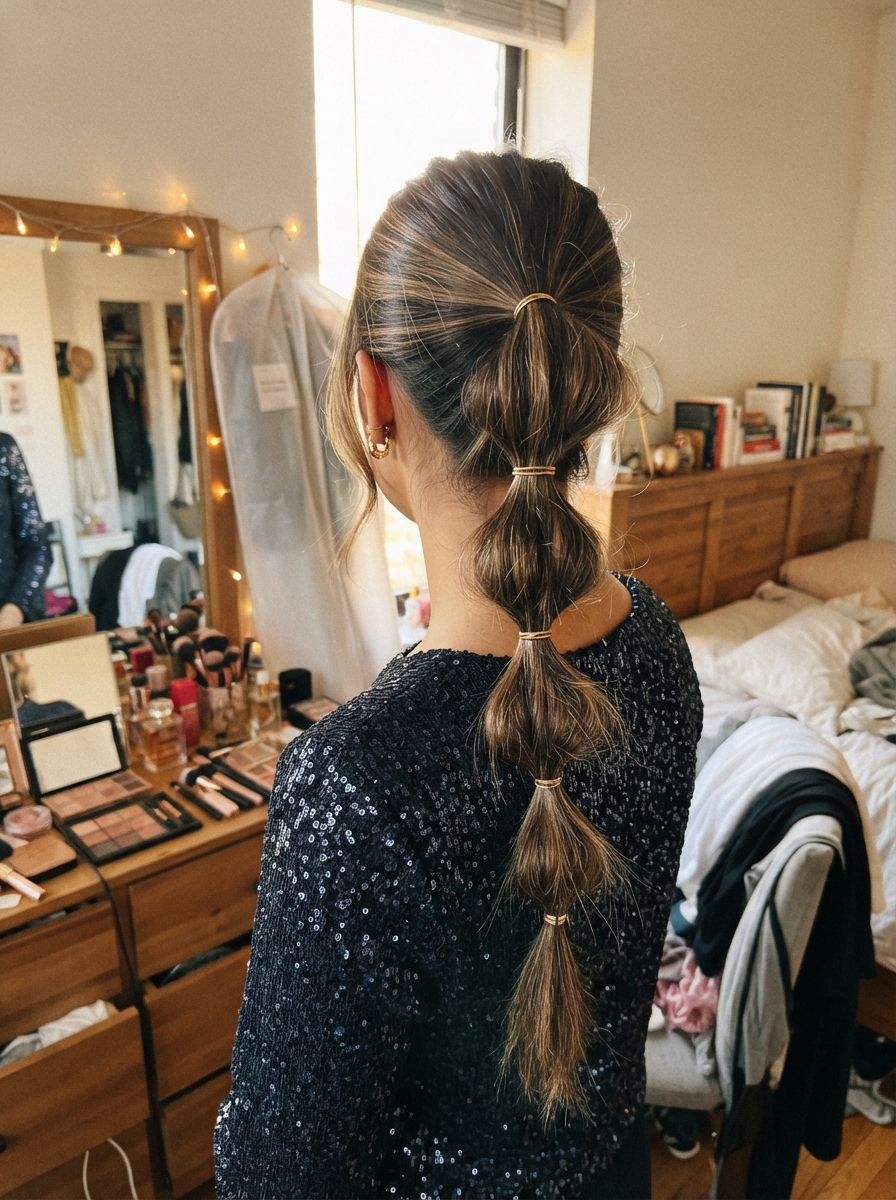 Bubble braid with metallic ties New Year’s Eve hairstyle