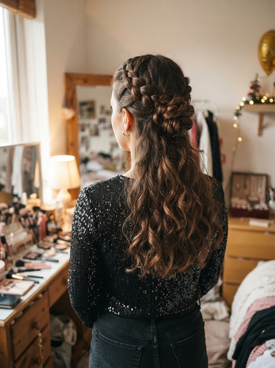 Half-up braided crown New Year’s Eve hairstyle