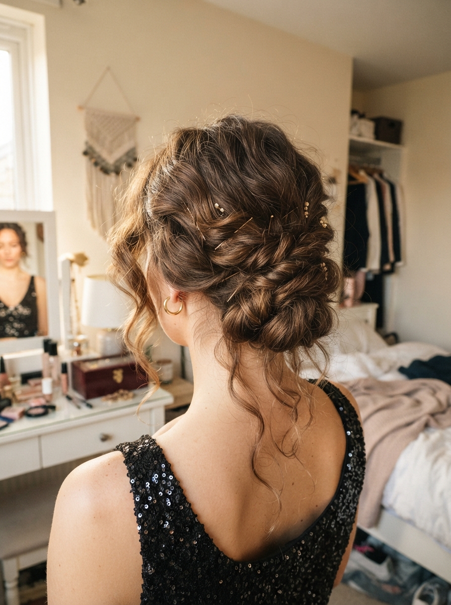 Twisted updo with gold pins New Year’s Eve hairstyle