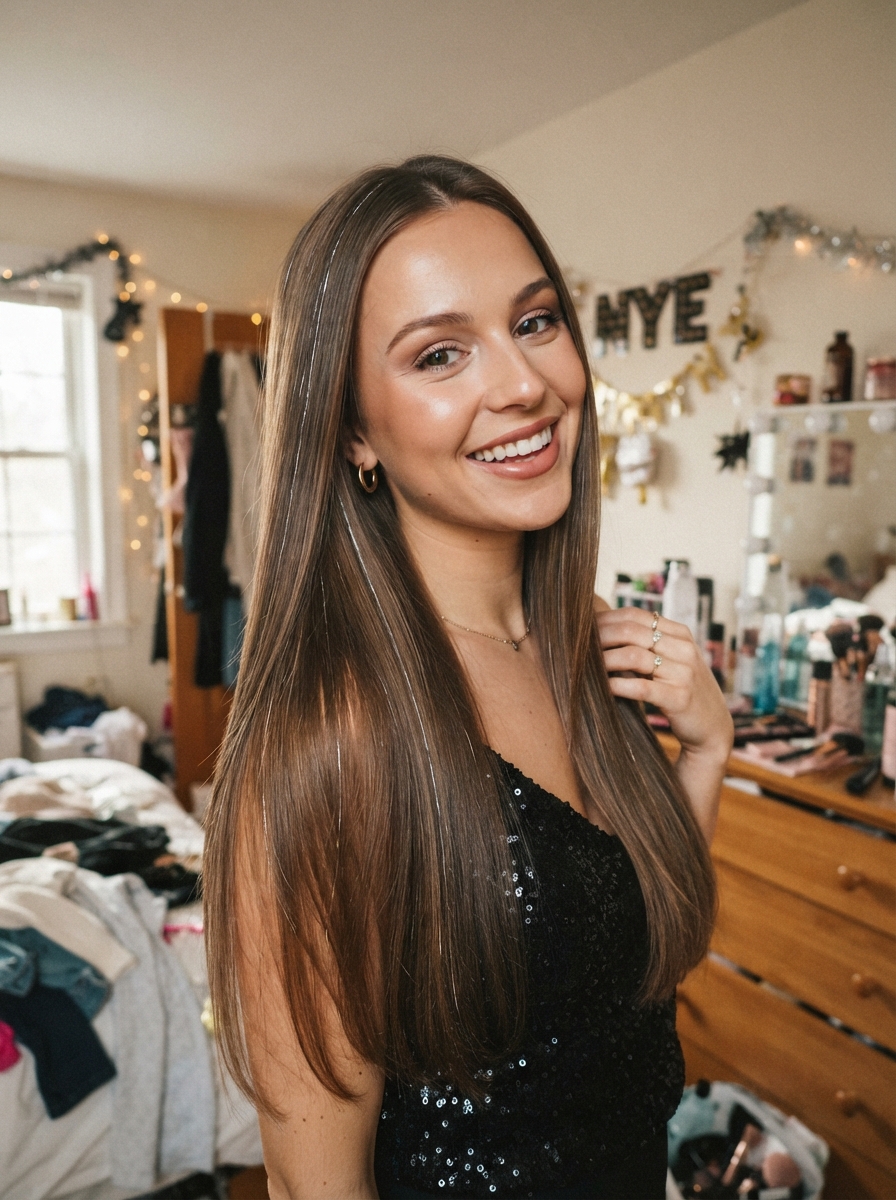 Sleek straight hair with tinsel strands New Year’s Eve hairstyle
