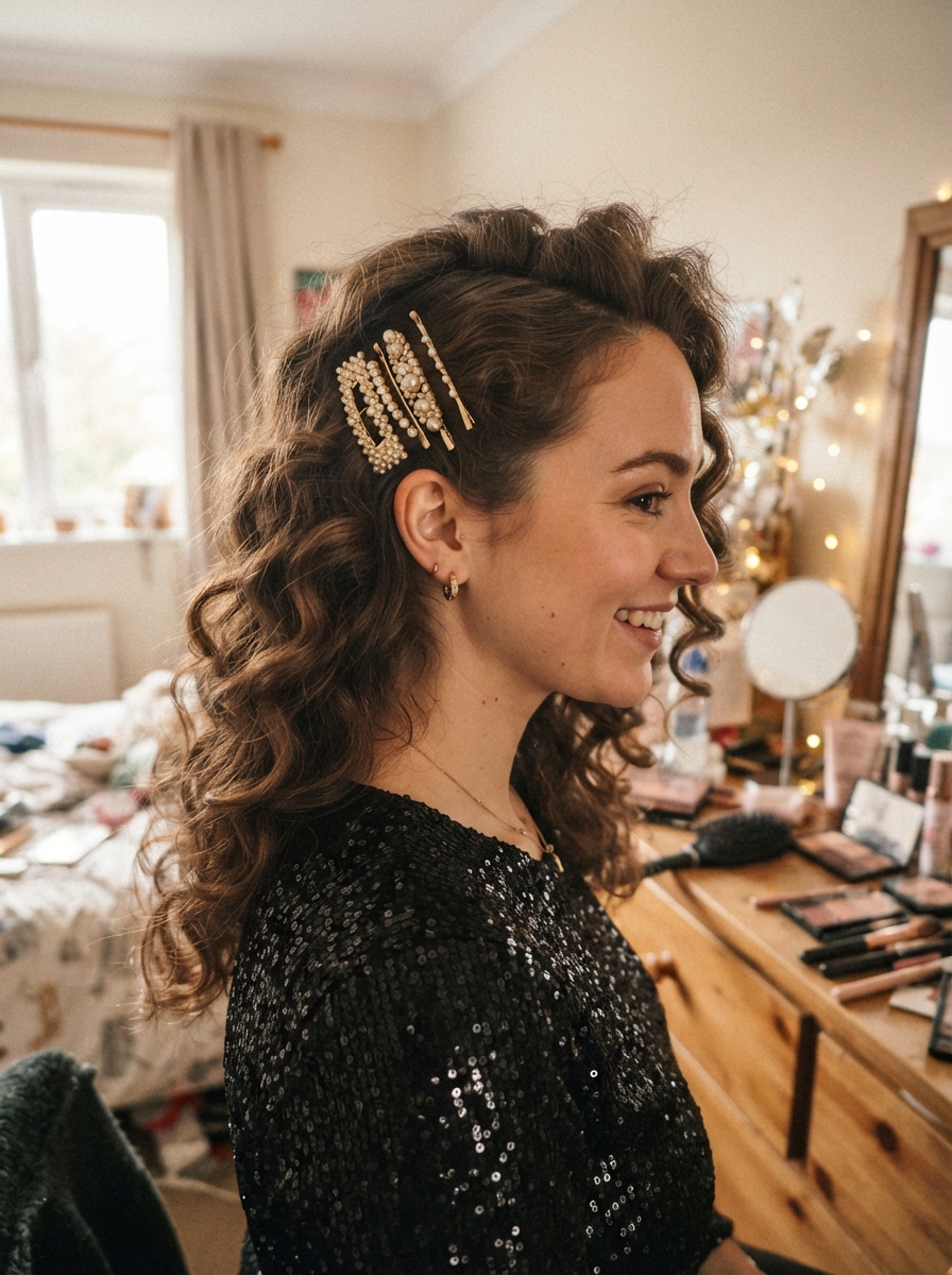 Voluminous curls with a pinned side New Year’s Eve hairstyle