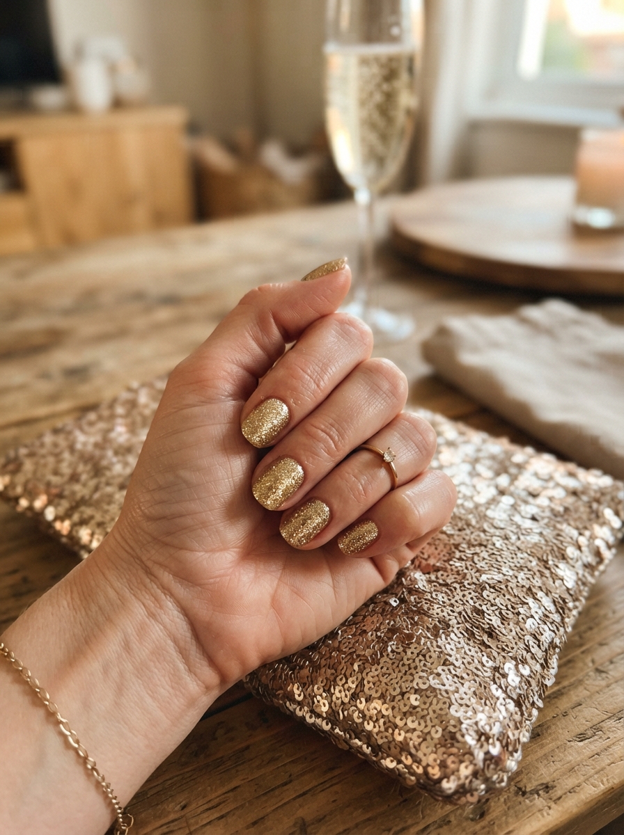 Gold glitter full set New Year’s Eve nails