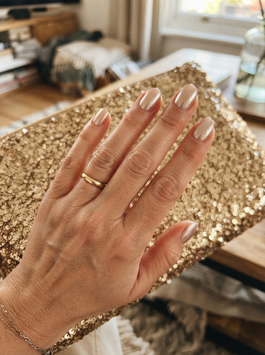 Champagne chrome New Year’s Eve nails