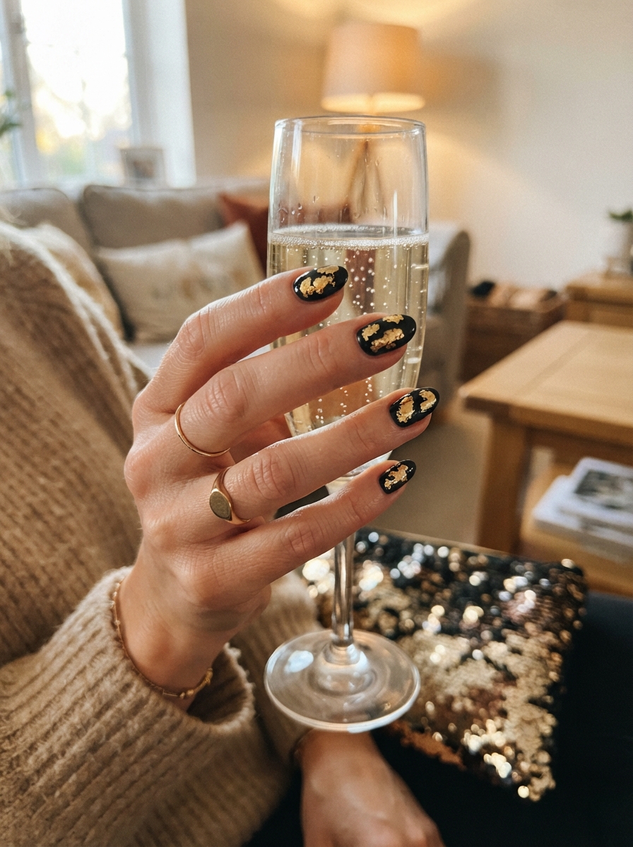 Black with gold foil New Year’s Eve nails