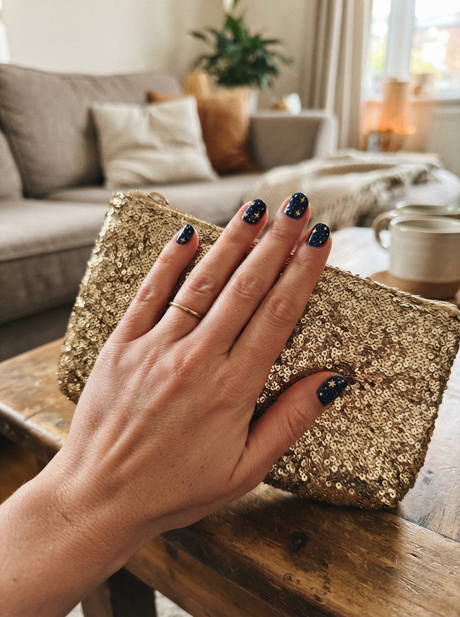 Midnight blue with stars New Year’s Eve nails