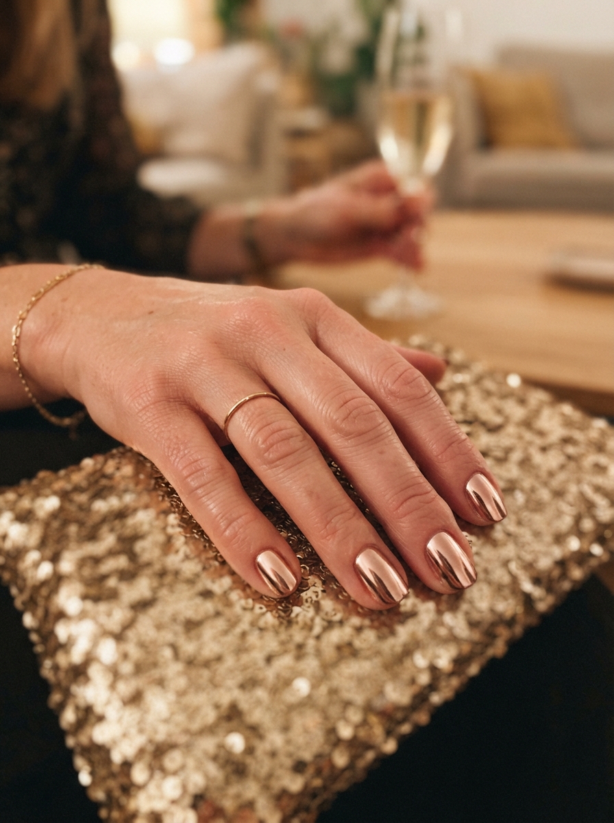 Rose gold chrome New Year’s Eve nails