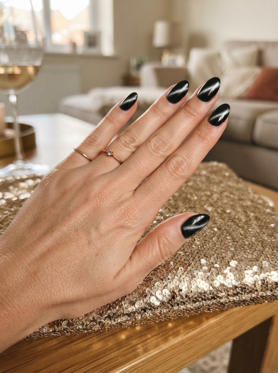 Black velvet cat eye New Year’s Eve nails