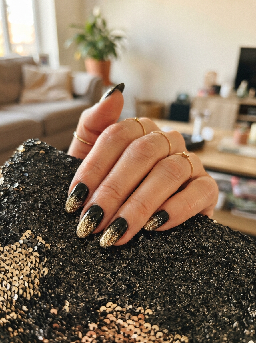 Glitter gradient in black and gold New Year’s Eve nails