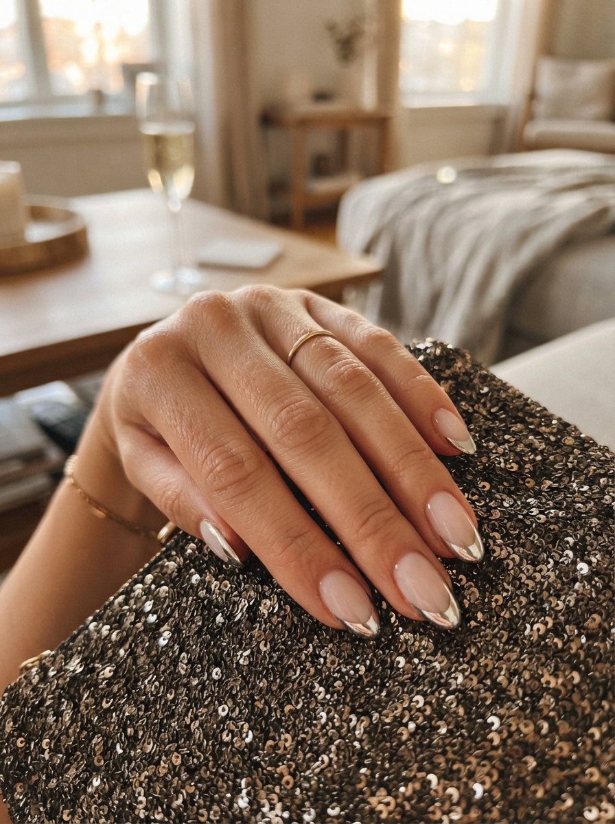Silver chrome French New Year’s Eve nails