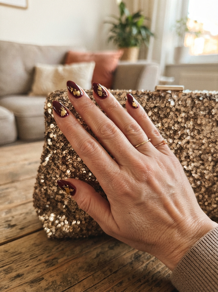 Deep burgundy with gold flakes New Year’s Eve nails