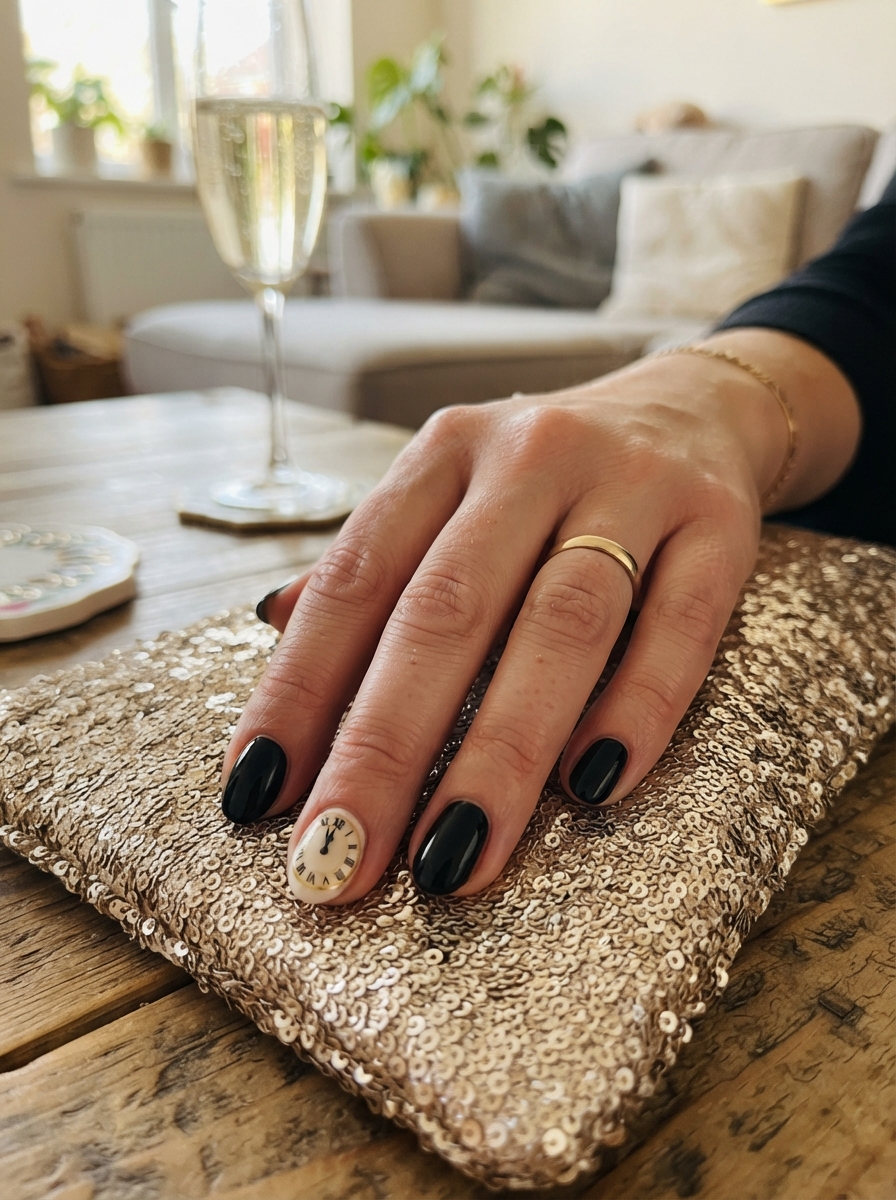 Clock at midnight accent New Year’s Eve nails