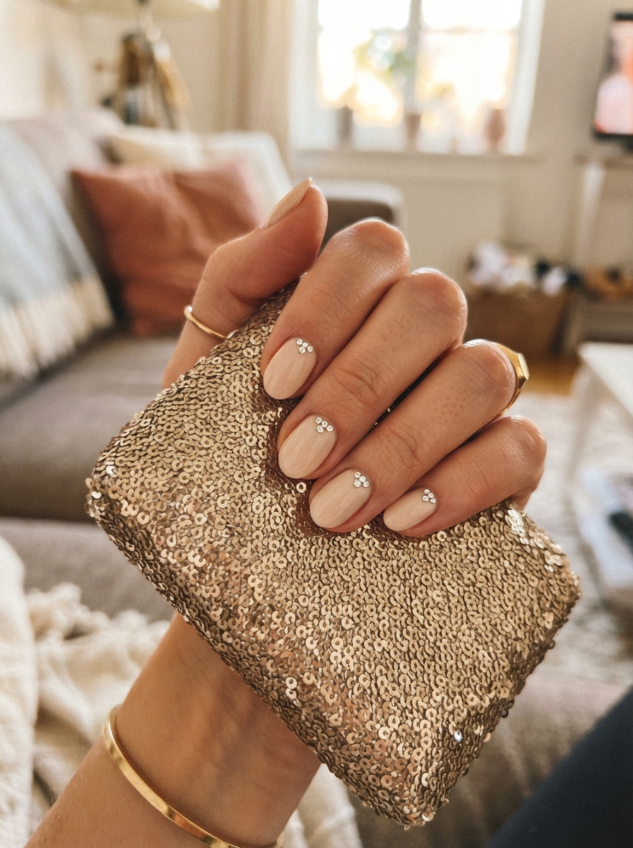 Nude with rhinestones New Year’s Eve nails