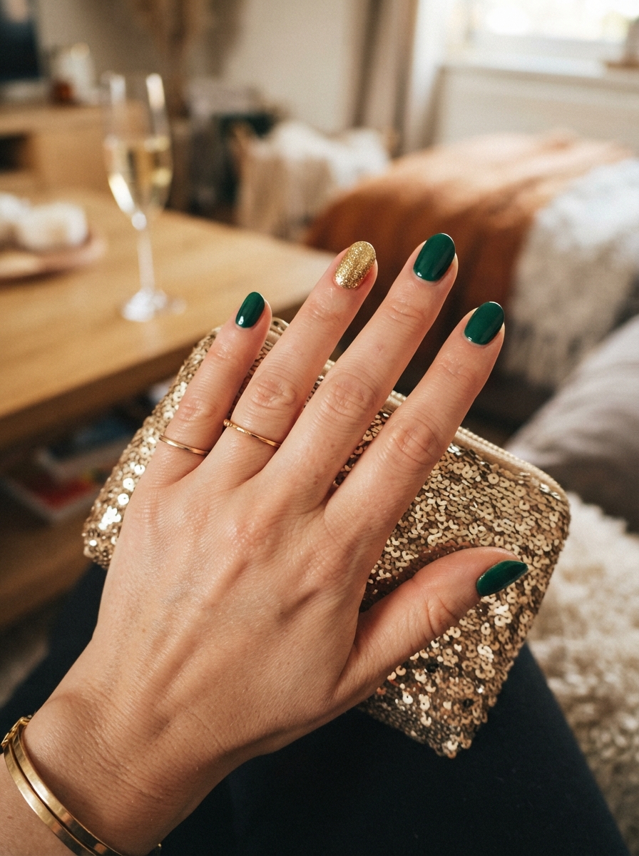 Emerald and gold New Year’s Eve nails