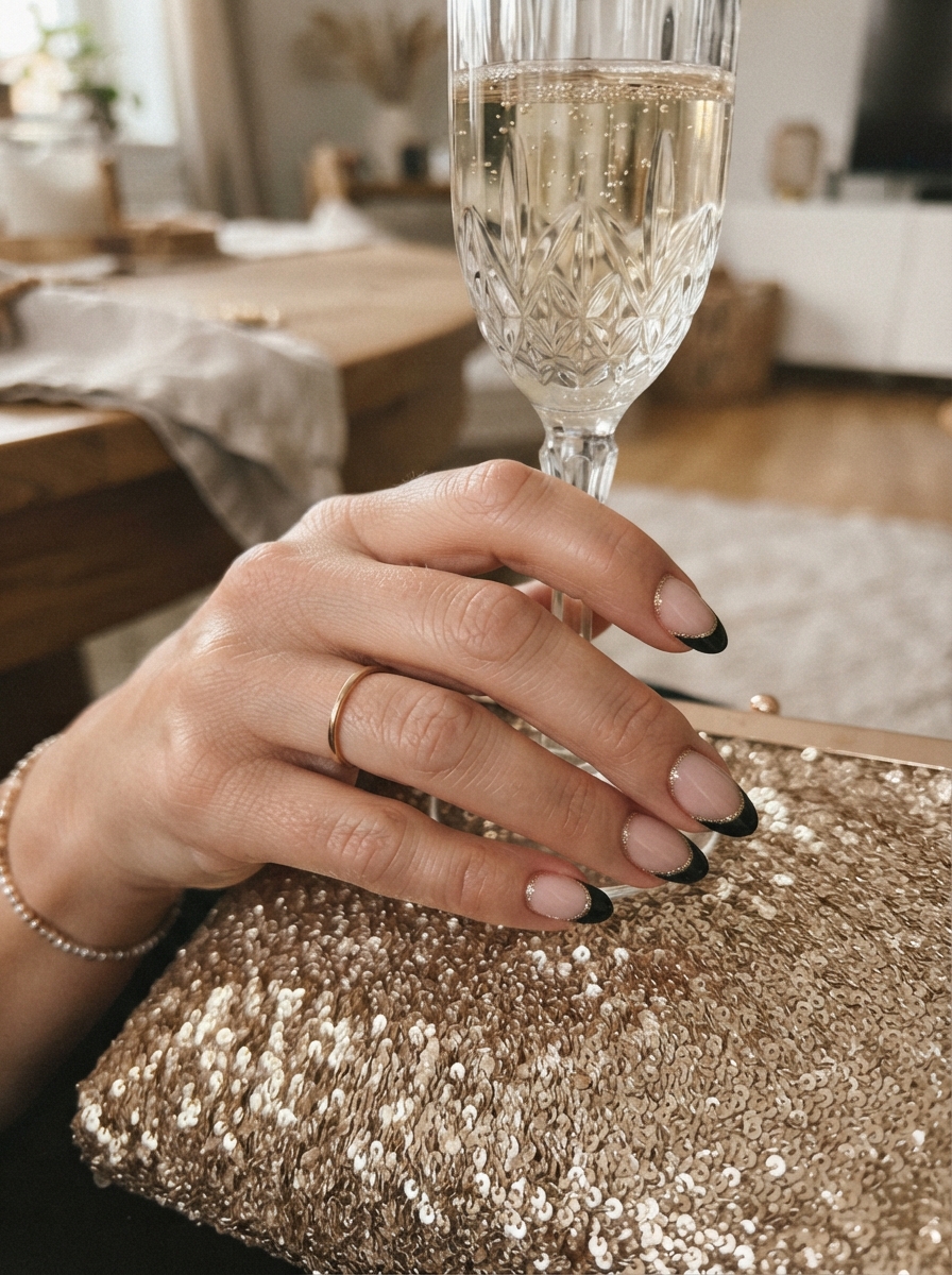 Black French tips with glitter line New Year’s Eve nails