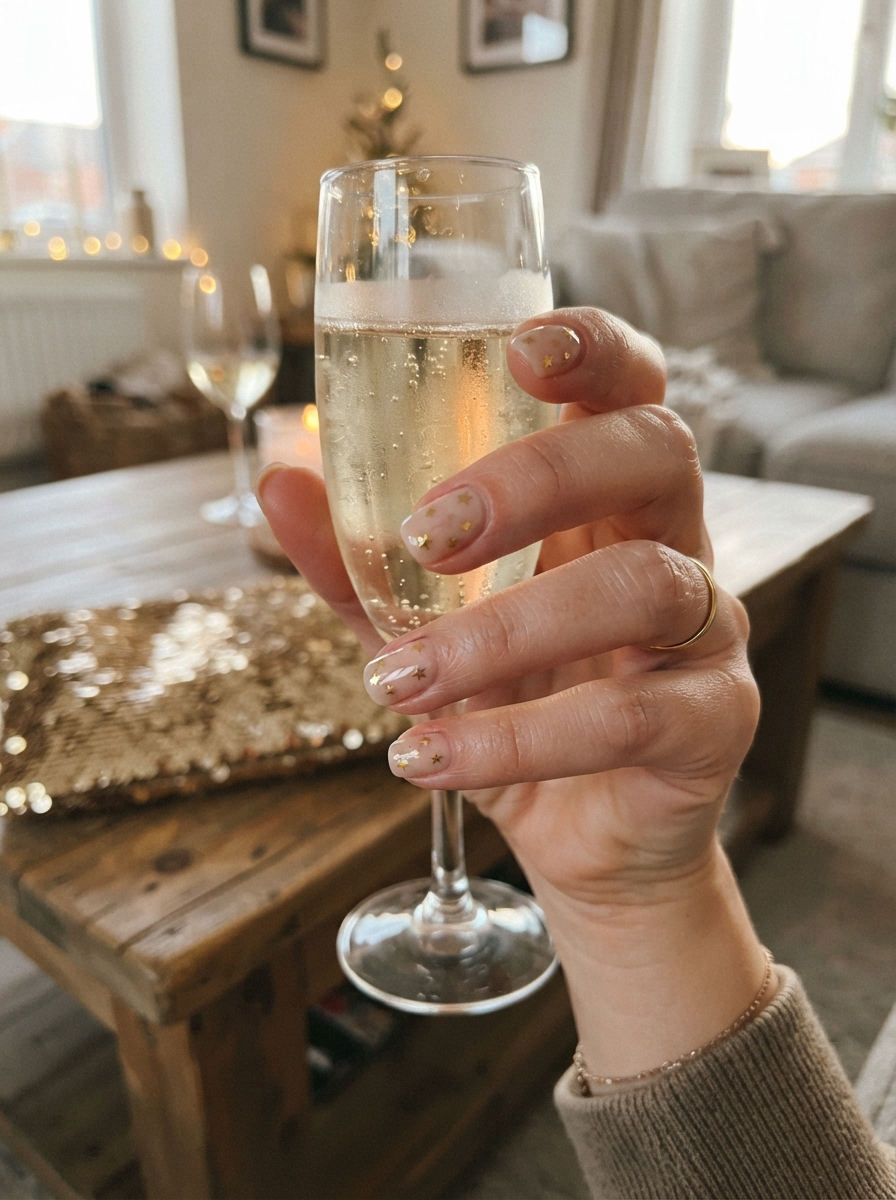 Gold star accents on nude New Year’s Eve nails
