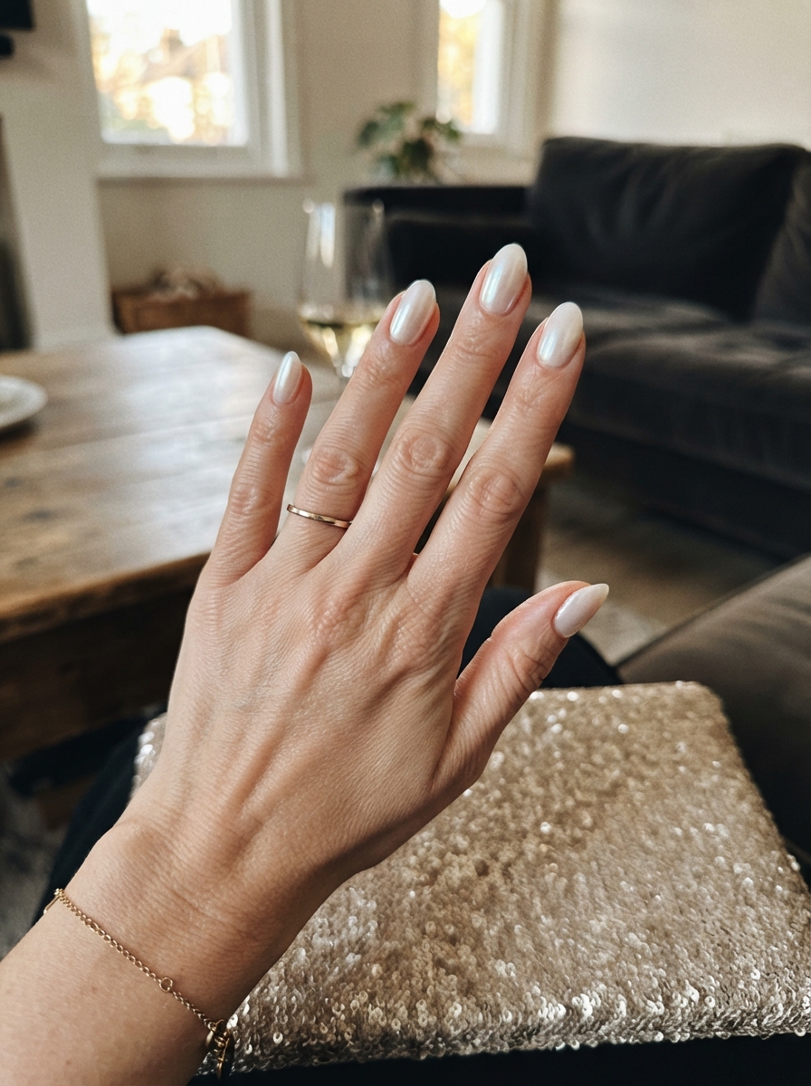 Glazed pearl chrome New Year’s Eve nails