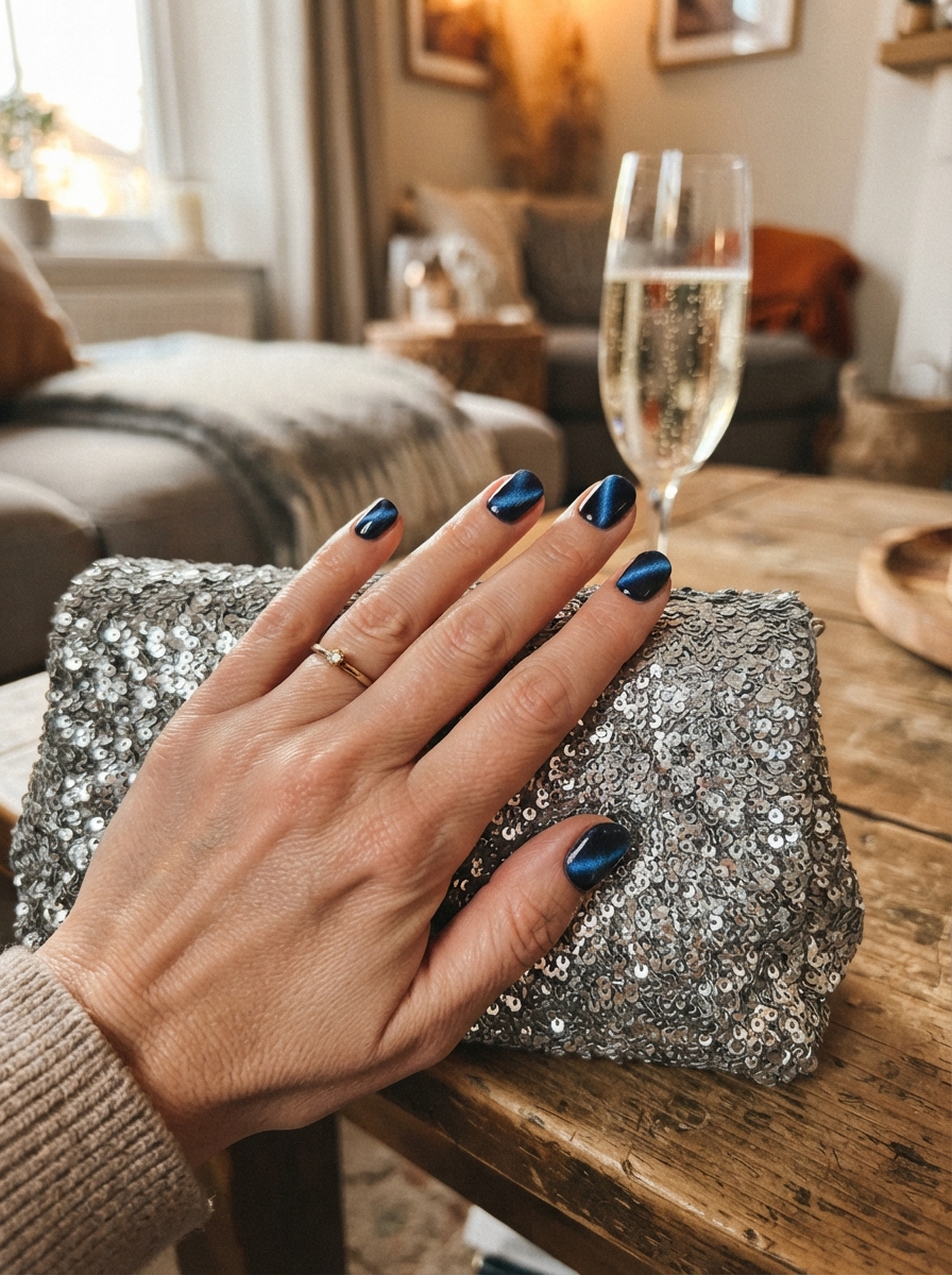 Navy velvet cat eye New Year’s Eve nails