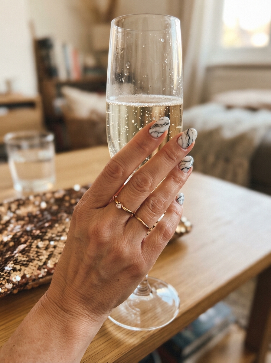 Black and silver marble New Year’s Eve nails