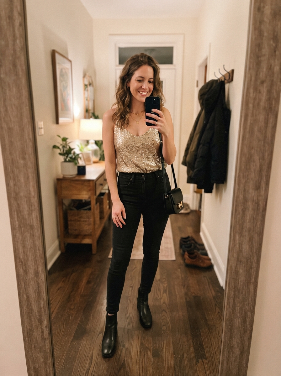 Black jeans and a sequin top New Year’s Eve outfit