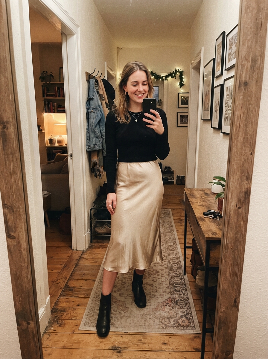 Slip skirt and a fitted knit New Year’s Eve outfit