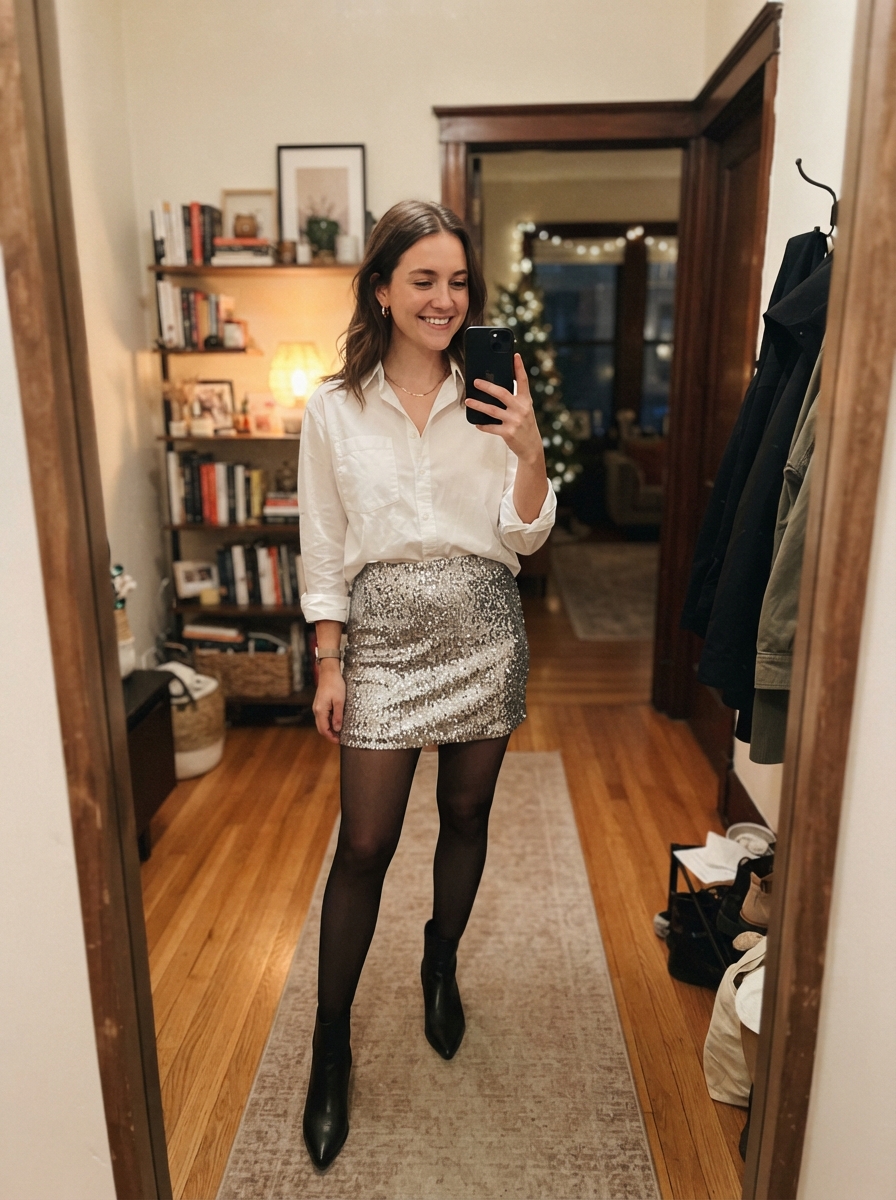 White shirt and a sparkly mini skirt New Year’s Eve outfit