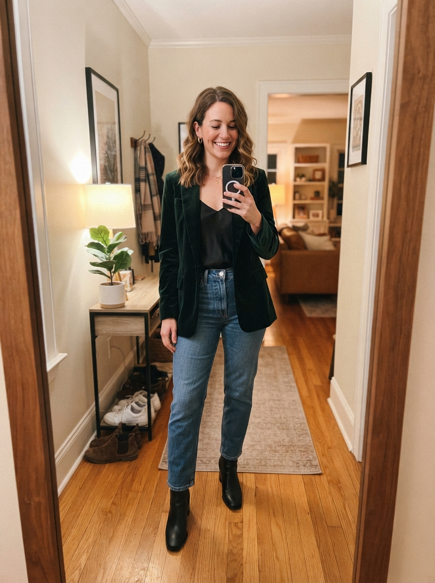 Velvet blazer over jeans and a camisole New Year’s Eve outfit