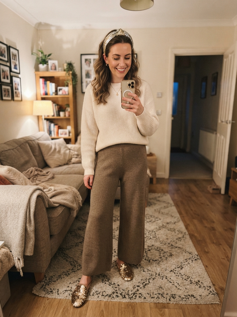Cozy at-home sparkle New Year’s Eve outfit