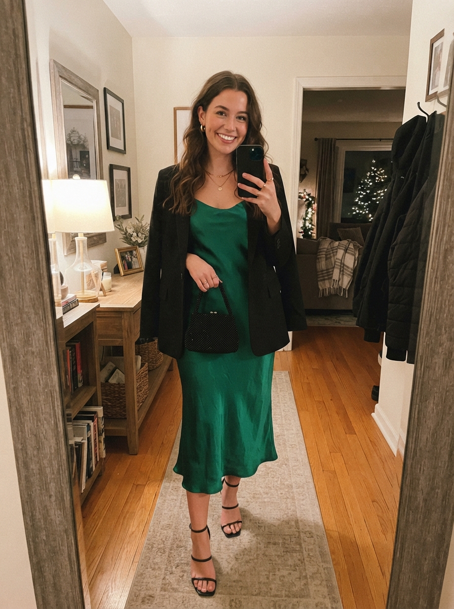 Satin slip dress with a blazer New Year’s Eve outfit