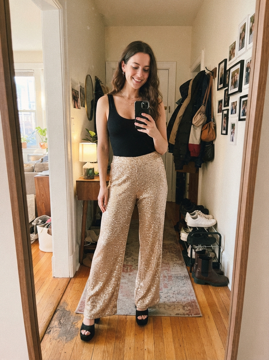 Wide-leg sequin trousers and a bodysuit New Year’s Eve outfit