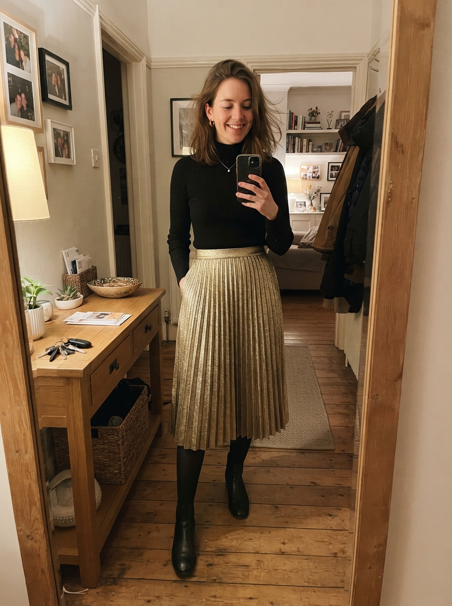 Metallic pleated midi skirt and a knit New Year’s Eve outfit