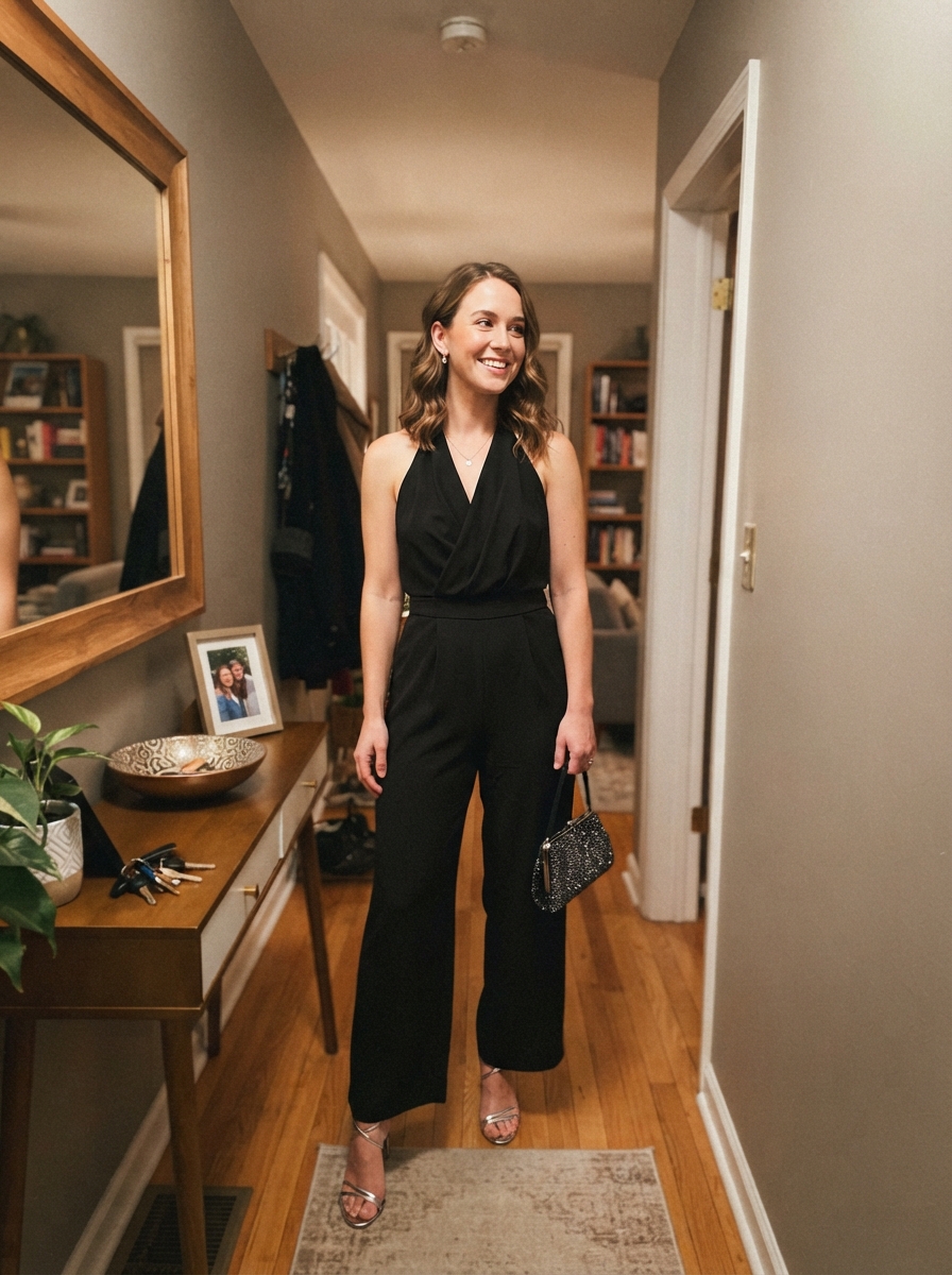 Black jumpsuit with a statement neckline New Year’s Eve outfit