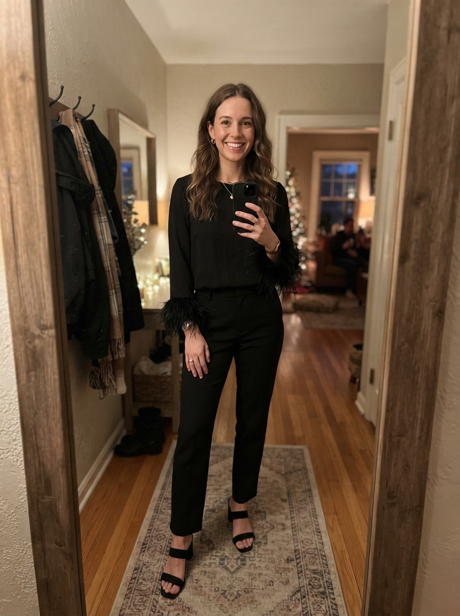 Feather-trim top with tailored trousers New Year’s Eve outfit