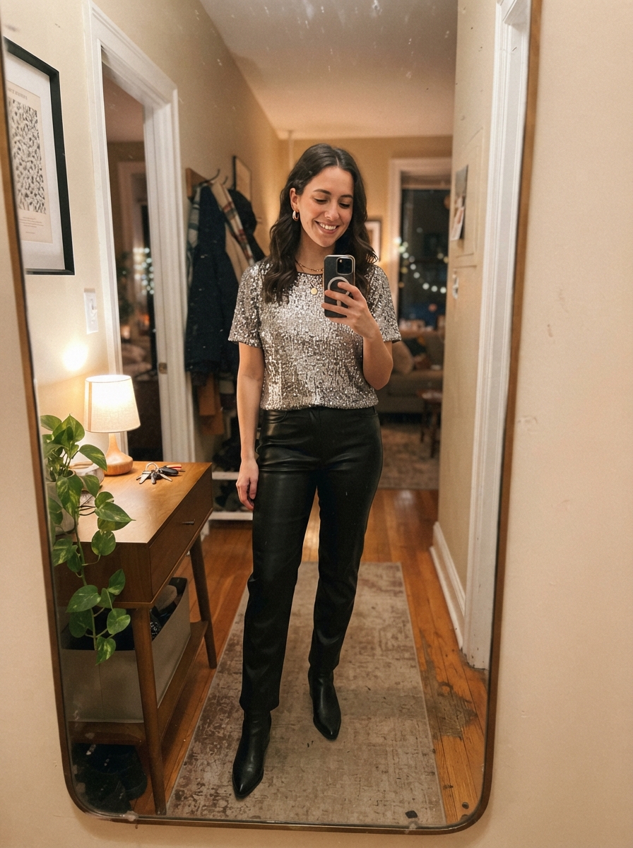 Faux leather trousers and a sparkly top New Year’s Eve outfit