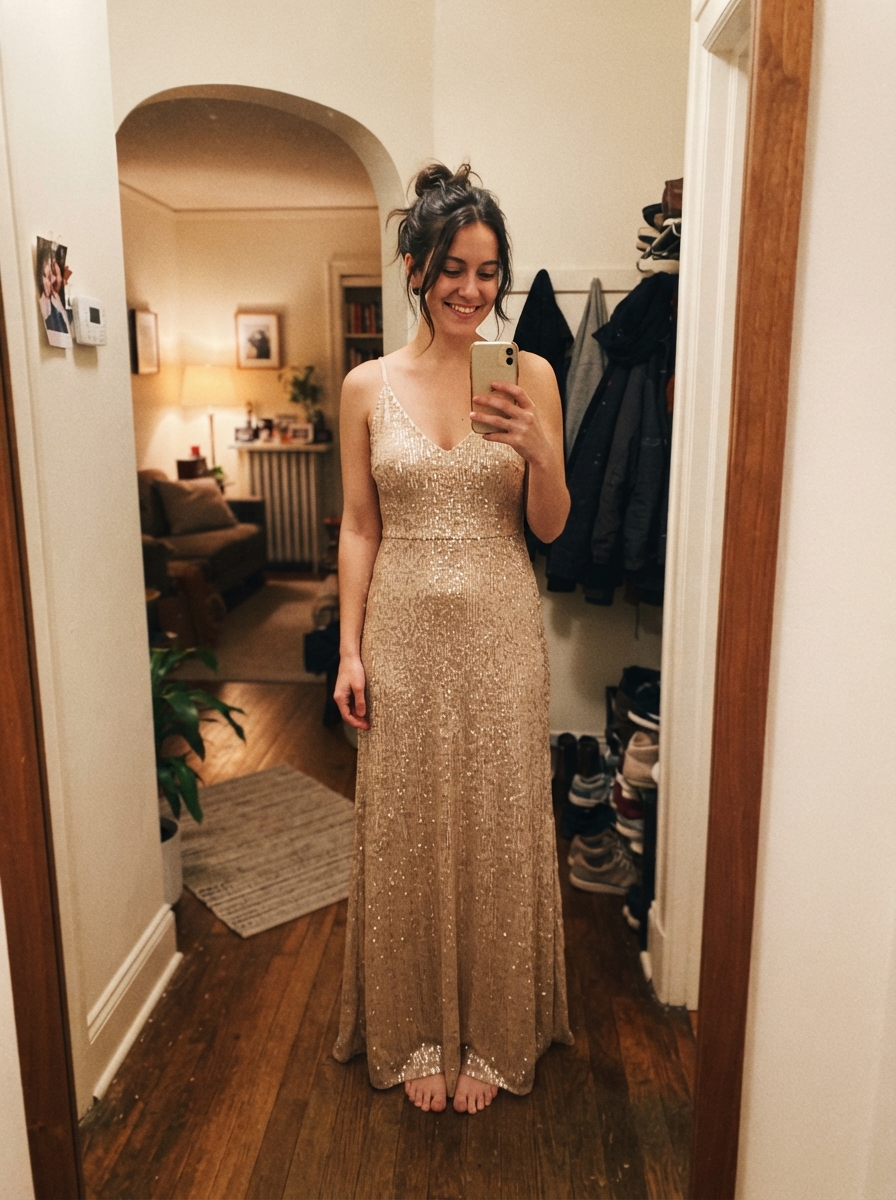 Floor-length sequin gown New Year’s Eve outfit