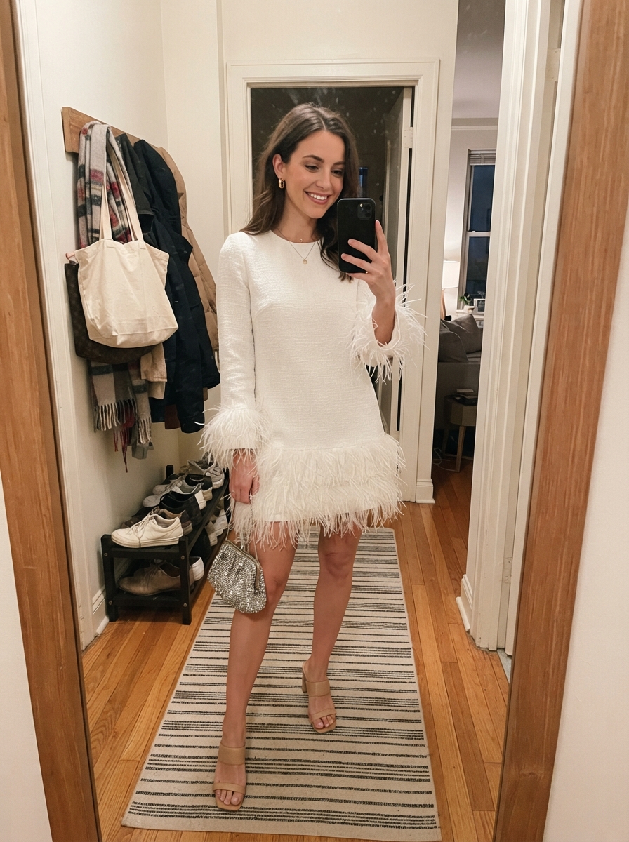 Feathered mini dress New Year’s Eve outfit