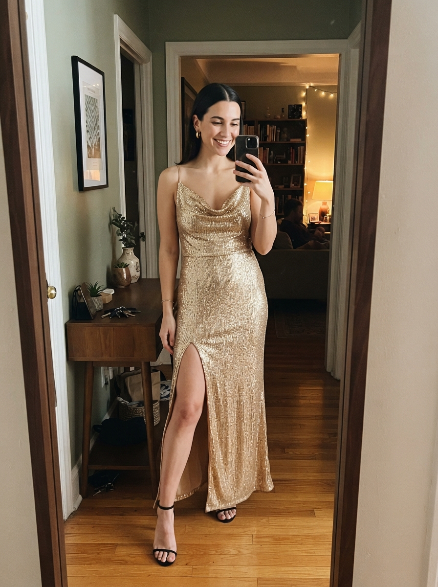 Metallic gown with a slit New Year’s Eve outfit
