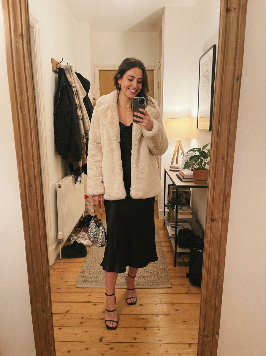 Faux fur coat over a slip dress New Year’s Eve outfit