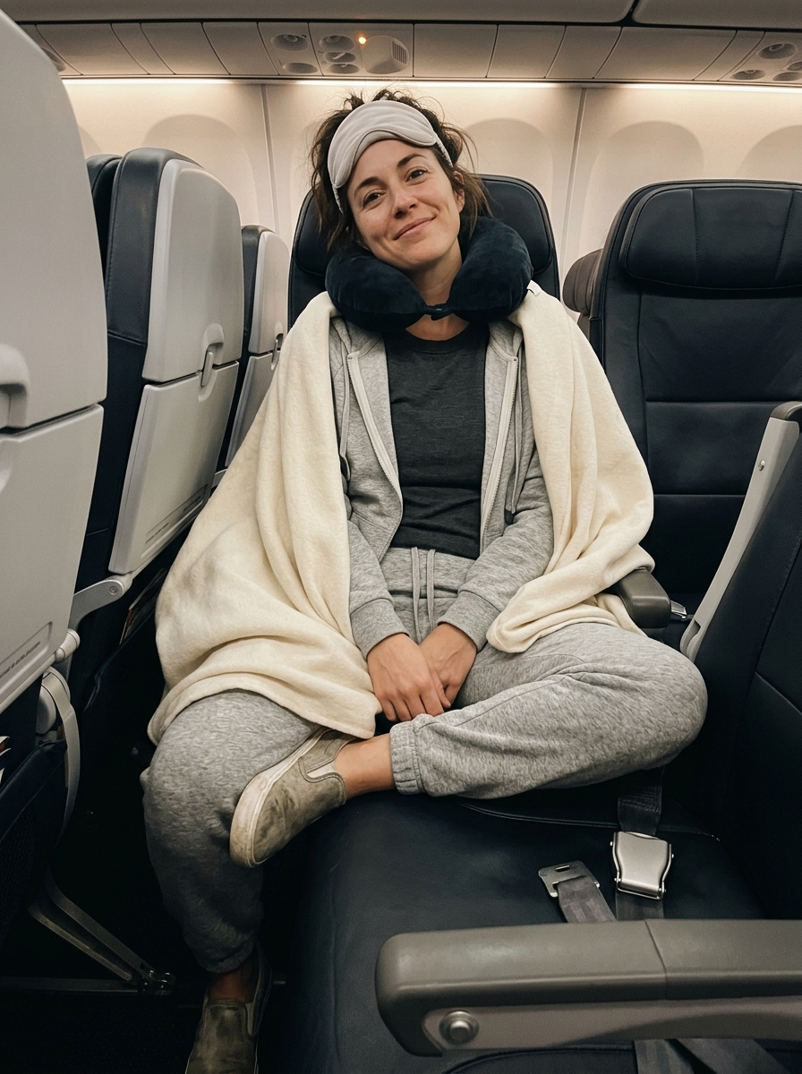 Comfy plane outfit for long-haul and overnight flights