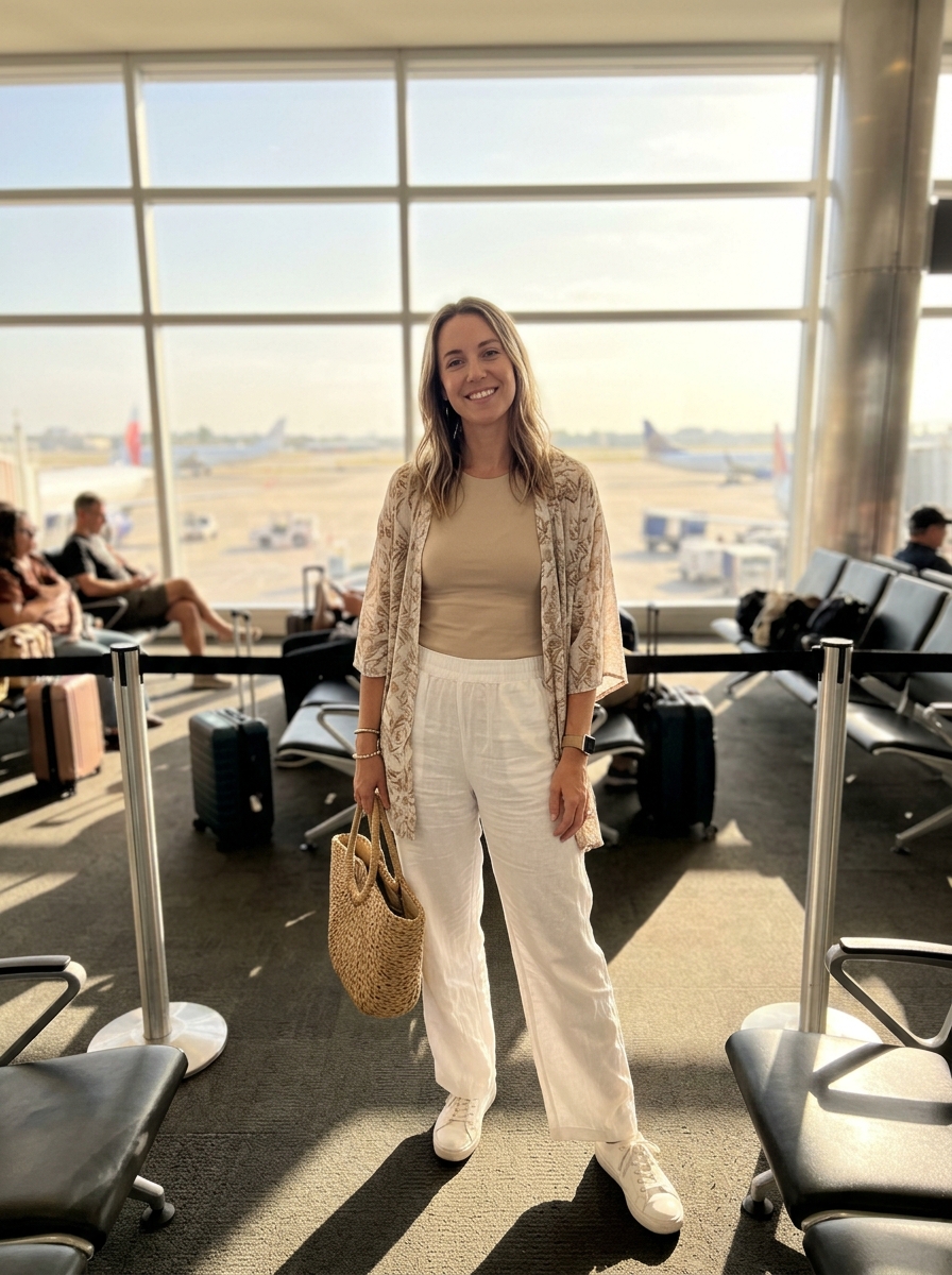 Comfy plane outfit for summer travel