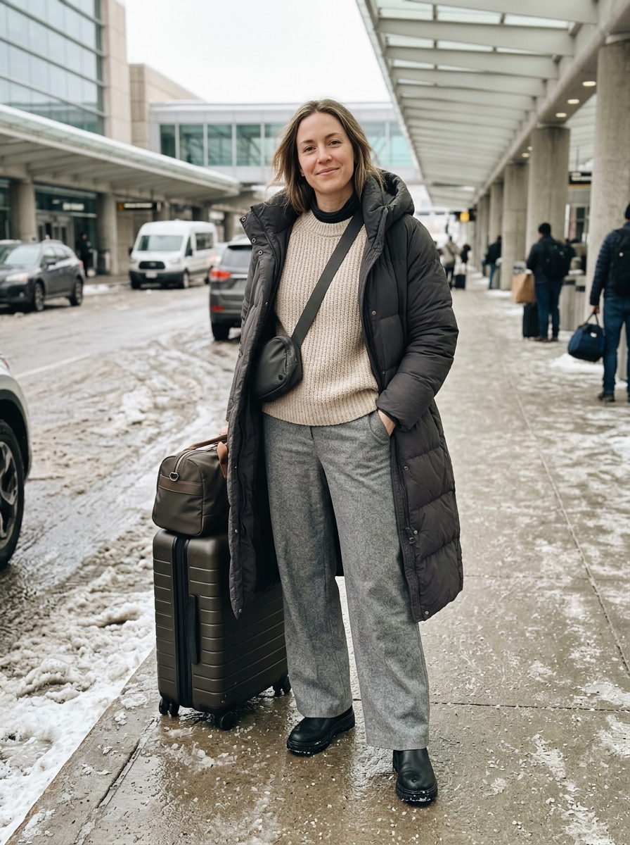 Comfy plane outfit for winter travel