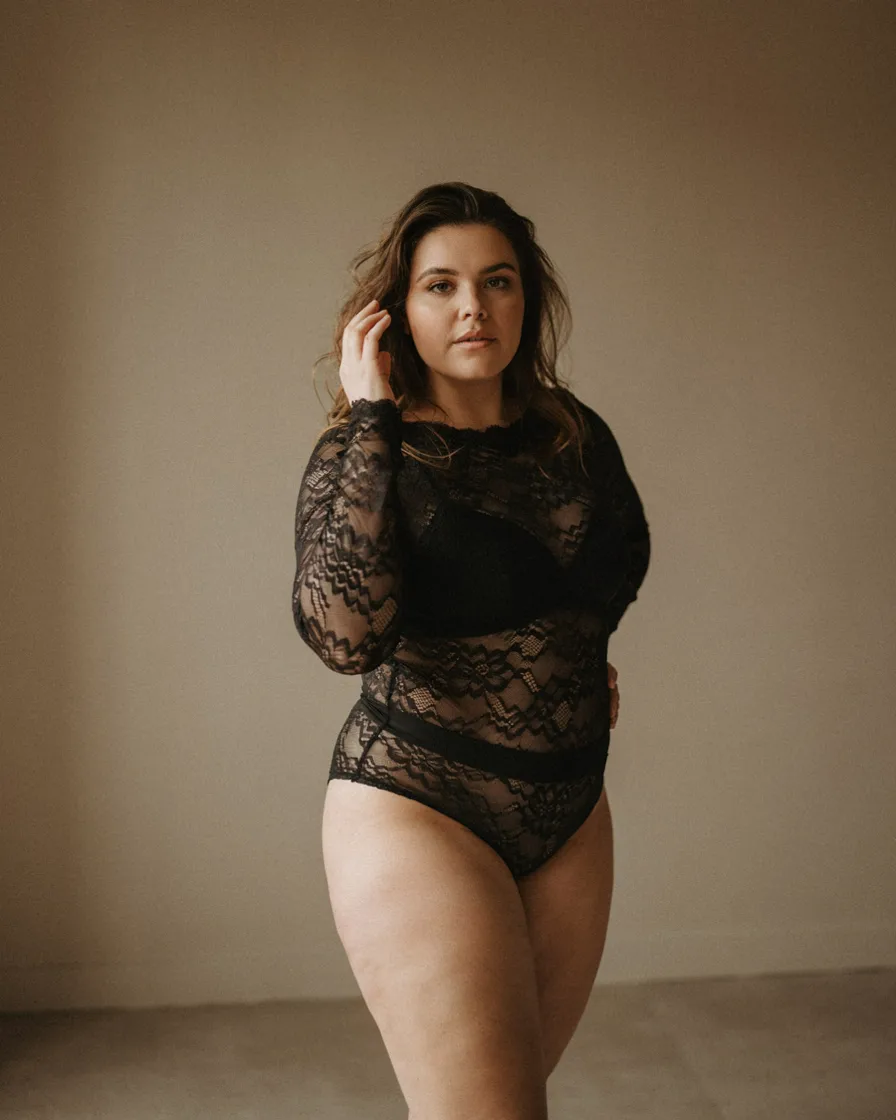 Lace Bodysuit Standing Portrait plus size boudoir photoshoot idea