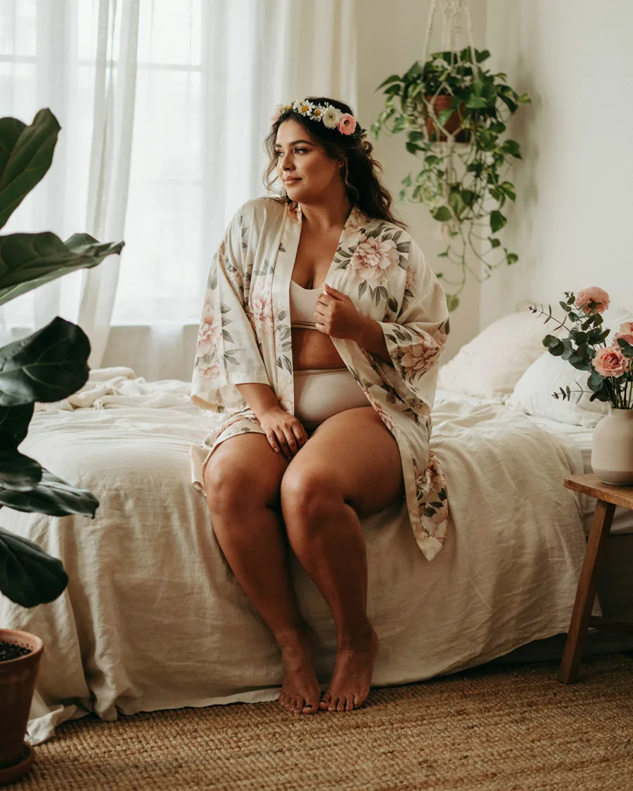 Floral Kimono and Flower Crown plus size boudoir photoshoot idea