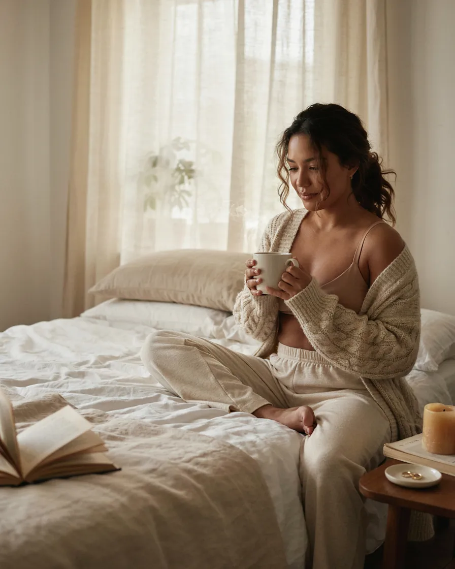 Cosy Cardigan on the Bed plus size boudoir photoshoot idea