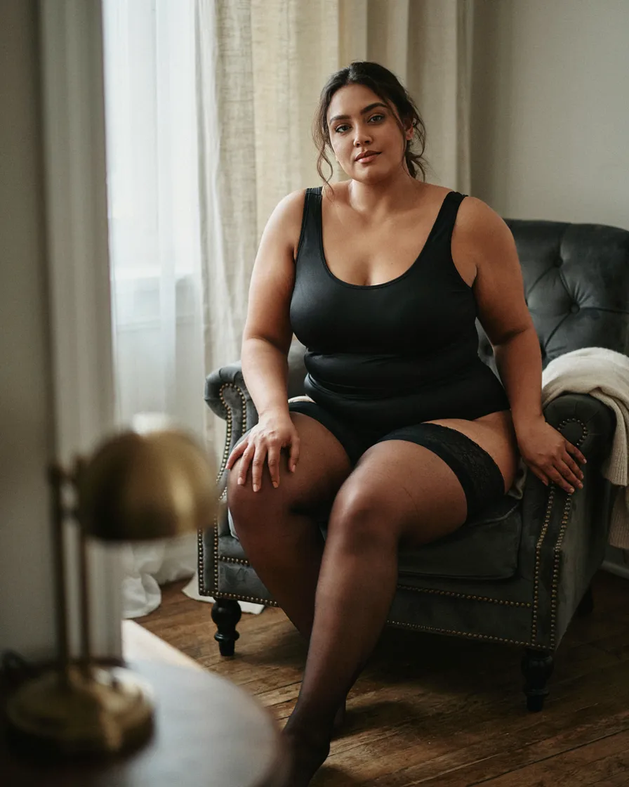 Stockings and a Statement Chair plus size boudoir photoshoot idea
