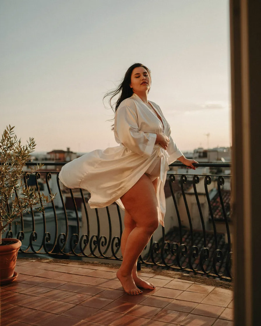 Golden Hour Balcony Robe plus size boudoir photoshoot idea