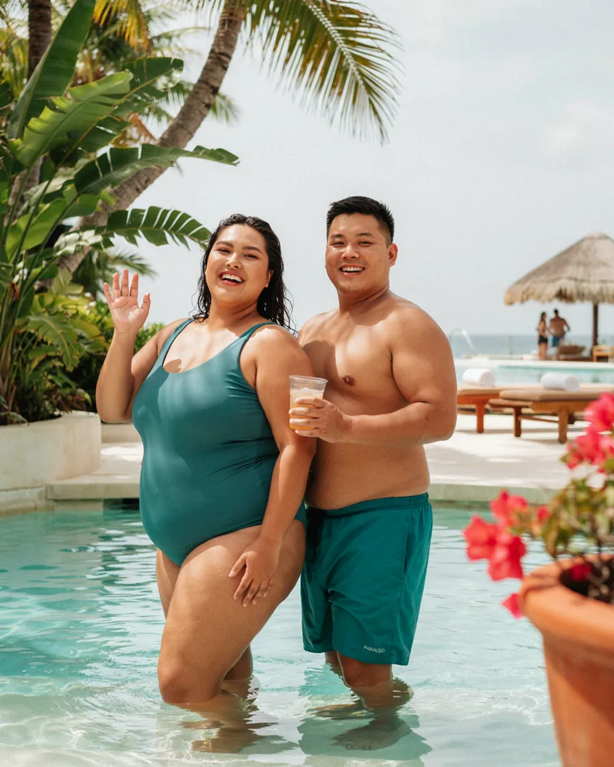 Coordinated Swim, Different Cuts plus size couple vacation outfit