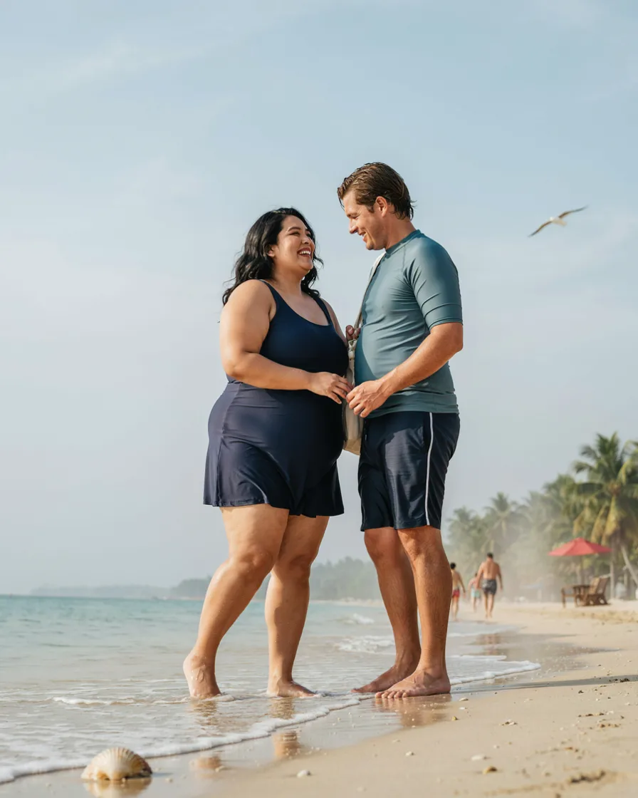 Swim Dress and Board Shorts plus size couple vacation outfit