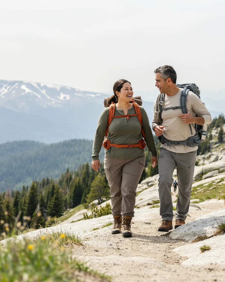 Coordinated Hiking Neutrals plus size couple vacation outfit