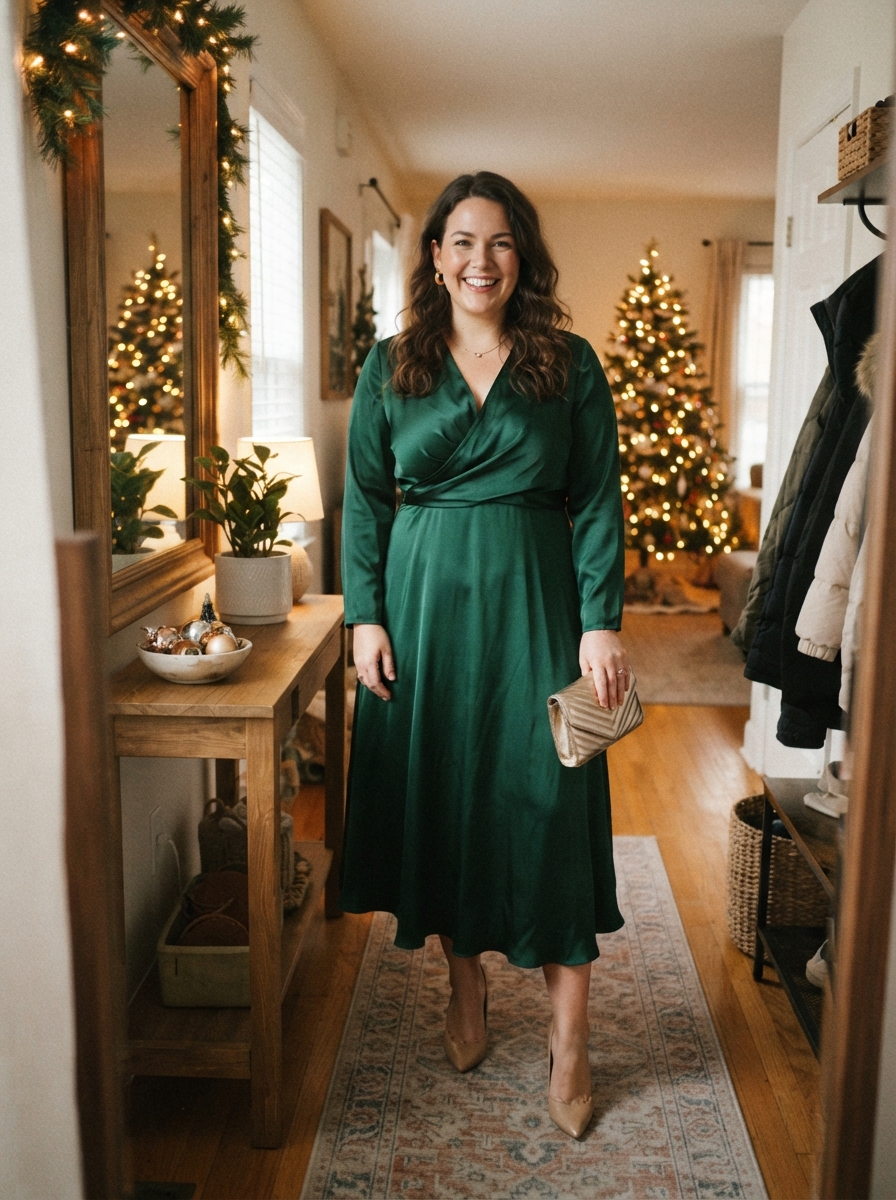 Emerald Satin Midi Dress plus size holiday party outfit